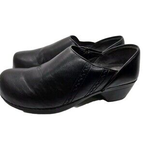Dansko Sienna Brush Black Leather Women's 41/9.5 Stitch Stapled Clogs Nursing
